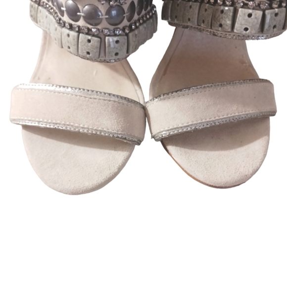 Boston Proper Silver Moon Platform Stiletto Heel Sandals Suede Cream/Gray Stone - Picture 3 of 11
